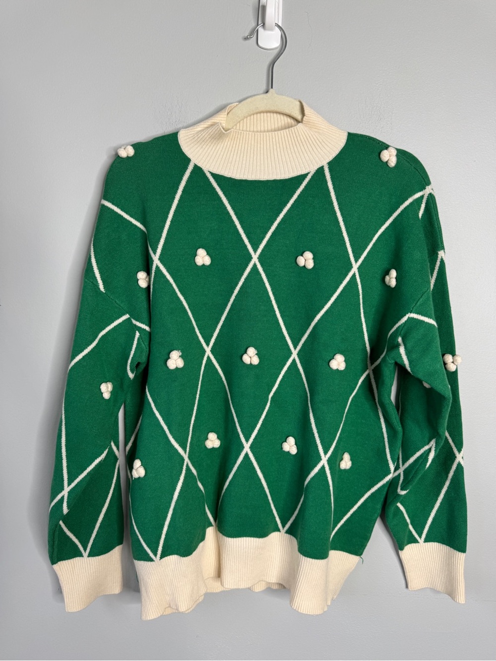 Source Unknown Green Sweater with Cream Diamond Pattern & Pom Accents